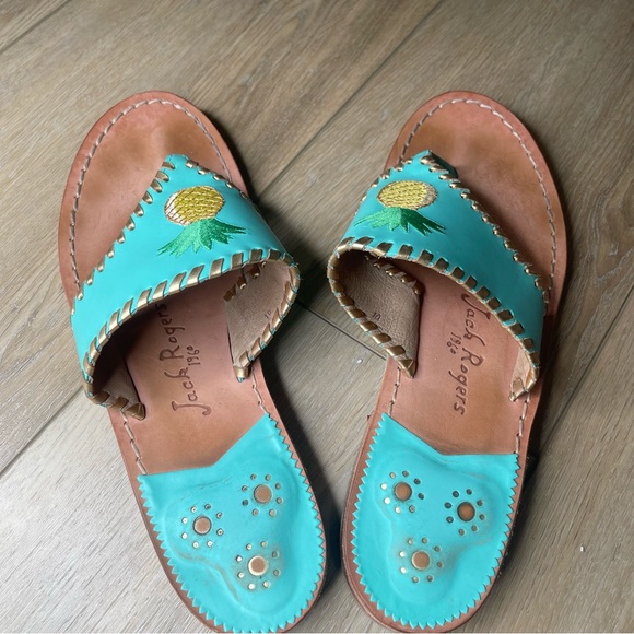 Jack Rogers Pineapple Embroidered Teal Thong Sandals - Picture 3 of 7
